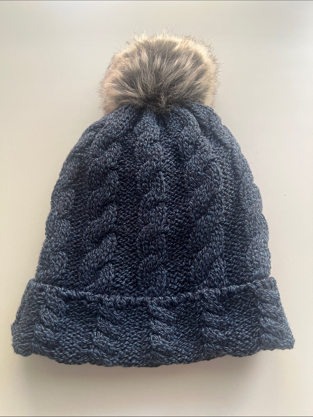Womens Navy Cable Knit Pom Pom Toque